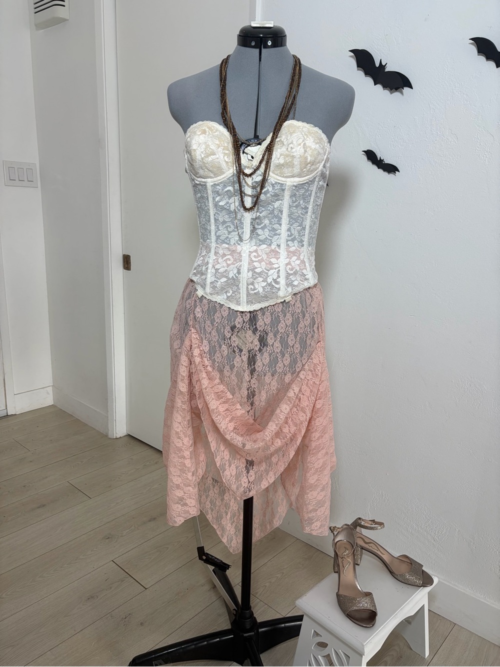 Free People Blush Pink Sheer Lace Draped Maxi Skirt Size M